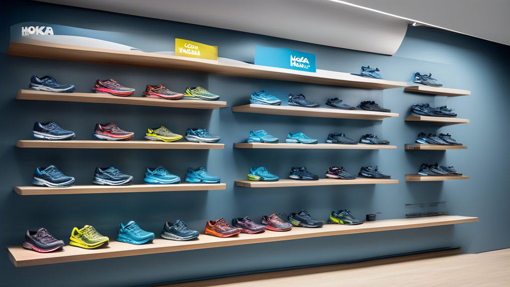 Create an image featuring a well-organized display of top Hoka shoes arranged neatly on a modern shoe rack or floating shelves. The setting should be in a brightly-lit, minimalistic shoe store with a