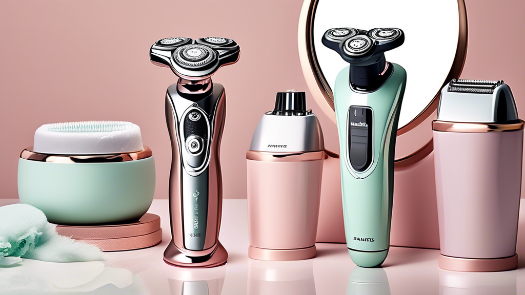 Create a detailed and visually appealing image of several top-rated women's electric shavers displayed on a stylish vanity table. The shavers should showcase sleek, modern designs with various color o